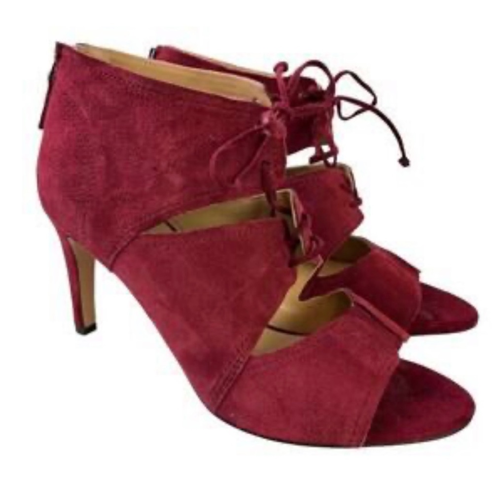 Franco Sarto Shawnee Dress Pump Lace-Up Red Suede Stiletto Bootie Open Size 8.5